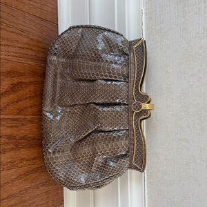 Brown Snakeskin Clutch with Gold Accents